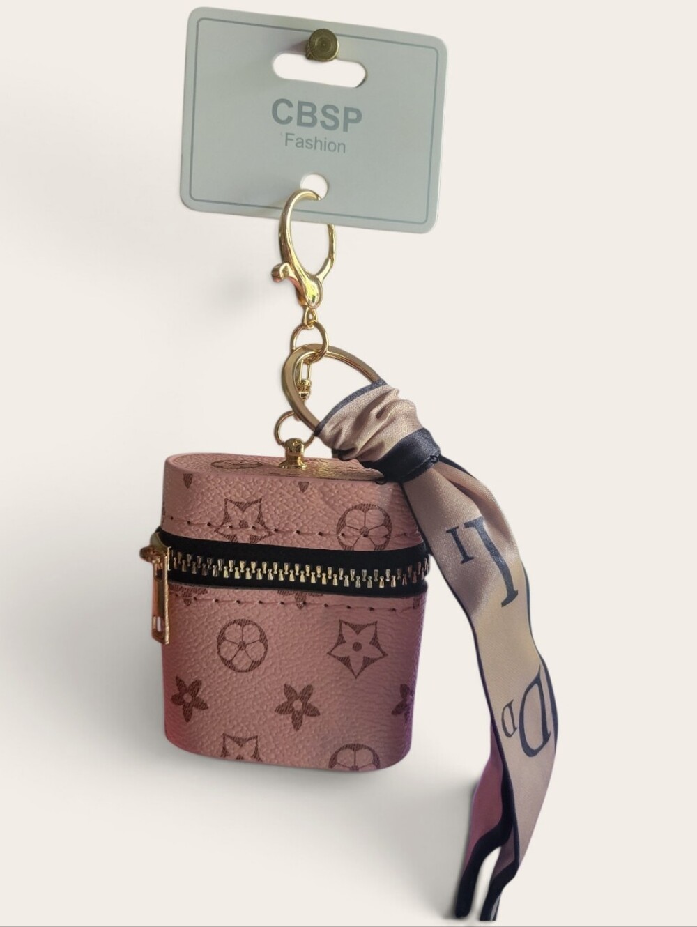 Pink Monogram Mini Airpod Keychain with Scarf Accent